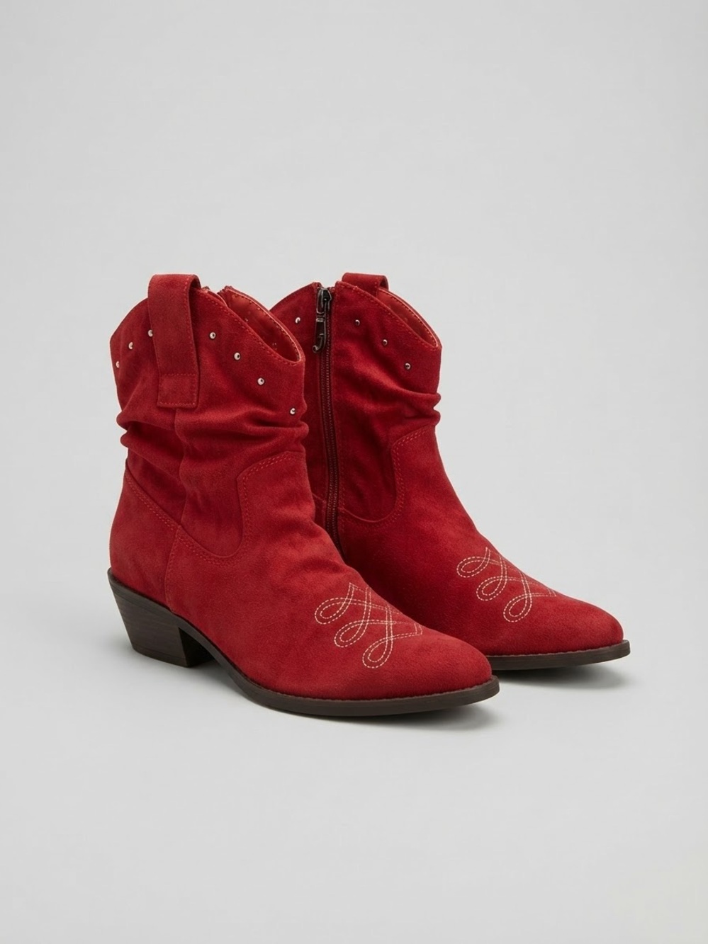 2 Lips Too Red Suede Western Cowboy Boots Studded Ankle Boots Embroiderd Sz 7.5